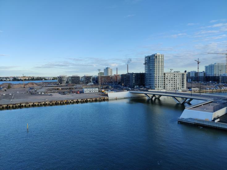 Buildings in industrial area next to river bank